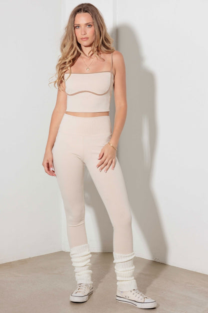 Contrast Ribbed Two Piece Set - Cream